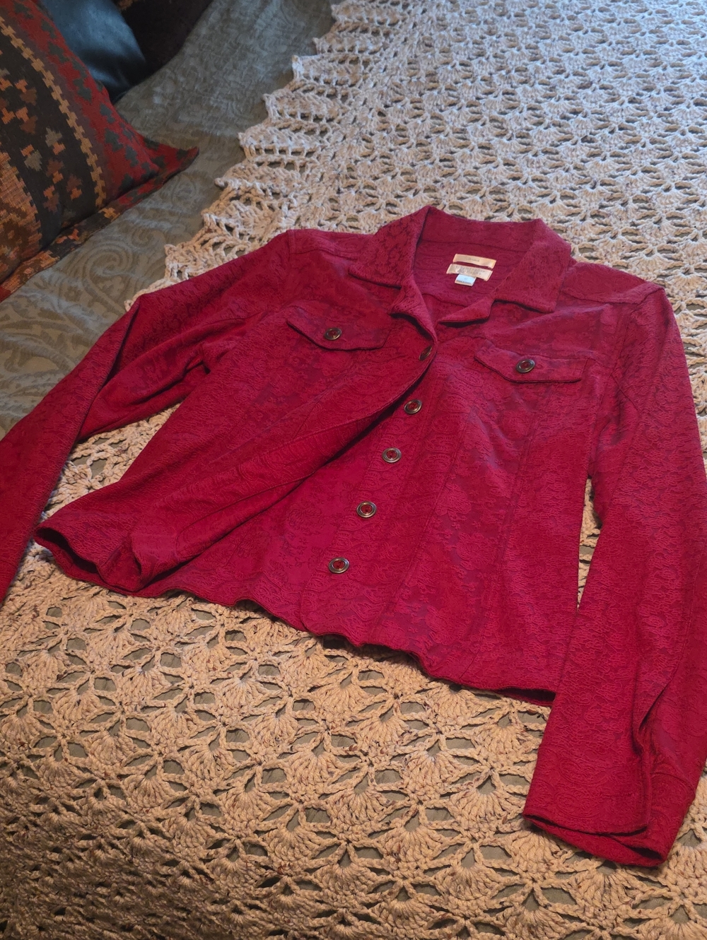Christopher & Banks Textured Red Button-Front Jean Jacket - Picture 1 of 8